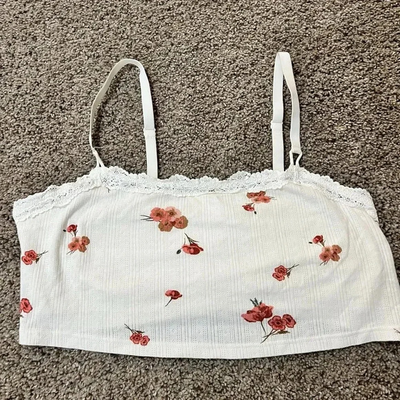 Aerie Tops - Aerie White Beige Floral Whimsy Lace Crop Top Spaghetti Strap Tank Sz‎ L Cottage